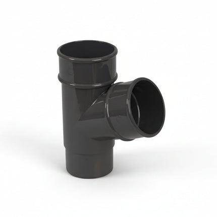 Anthracite plastic plumbing tee connector on a white background