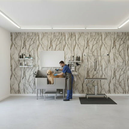 Maxi Panel Wall Panels on the wall of a dog groomers with dog being howered by the groomer