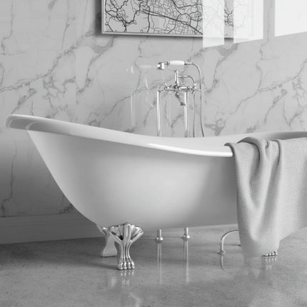 Bianco Wall Panels installed with White freestanding bathtub with chrome feet in a bathroom setting.