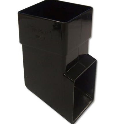 Black plastic downpipe shoe on a white background
