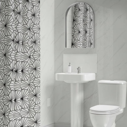 Carrera Marble Gloss Maxi Panel in a Bathroom with geometric patterned shower curtain and mirror.
