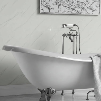 Carrera Marble Gloss Maxi Panel with White freestanding bathtub with chrome faucet in a bathroom setting.