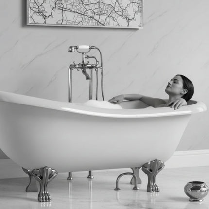 Carrera Marble Matt Maxi Panel Wall Panels behind a white freestanding bathtub with chrome fixtures.
