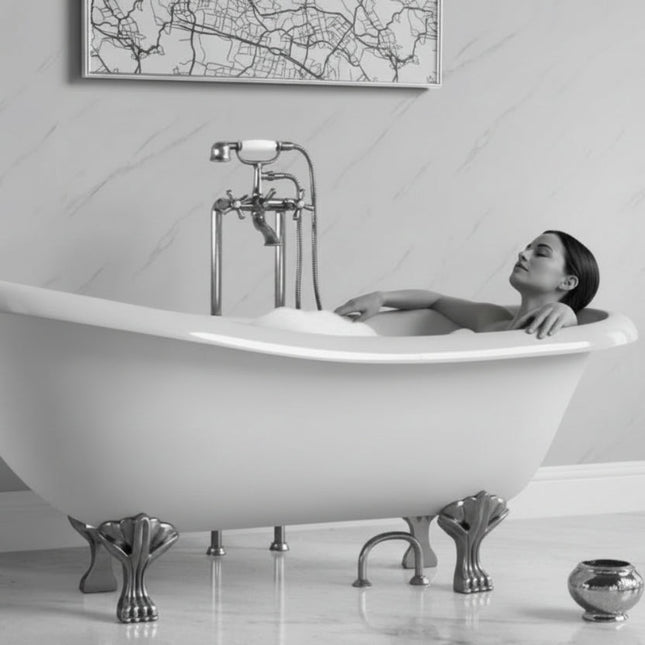Carrera Marble Matt Maxi Panel Wall Panels behind a white freestanding bathtub with chrome fixtures.