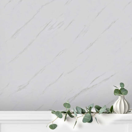 Carrera Marble Matt Maxi Panel Wall Panels behind a marble countertop with a vase and eucalyptus leaves.