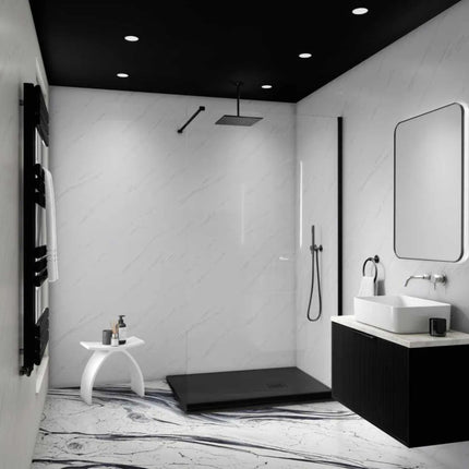 Carrera Marble Matt Maxi Panel Wall Panels in a Modern bathroom with black and white color scheme, featuring a shower area and sink.