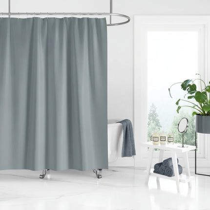 White Gloss Walls, Grey shower curtain in a modern bathroom with a bathtub and decor.