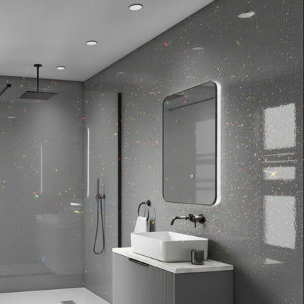 Grey Sparkle Maxi Panel Wall Panel in a Modern bathroom with shower, sink, and mirror