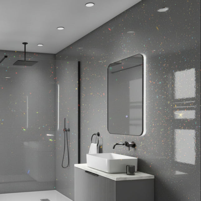 Grey Sparkle Maxi Panel Wall Panel in a Modern bathroom with shower, sink, and mirror