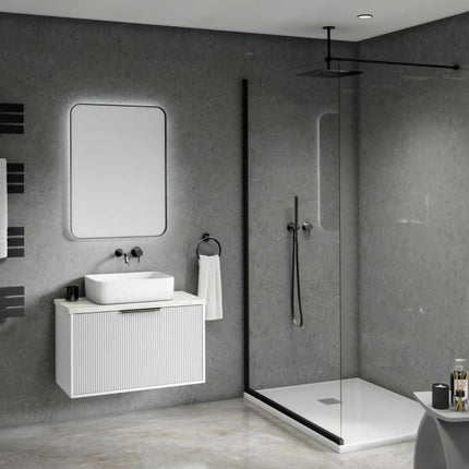 Grey Stone PVC Maxi Panel Wall Panel in a Modern bathroom with white vanity, and shower area.