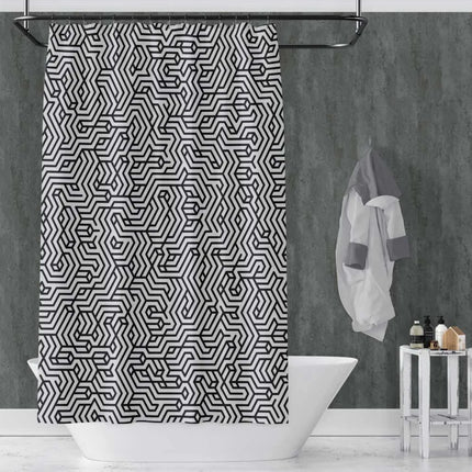 Shower curtain with geometric pattern in a bathroom setting with Metallic Stone Maxi Panels installed on the walls