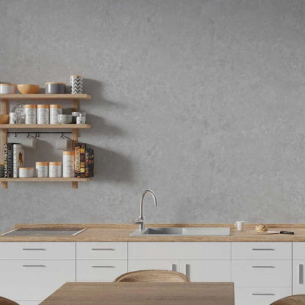 Misty Stone PVC Maxi Panel Wall Panel  in a Modern kitchen with wooden shelves, sink, and countertop against a gray wall.