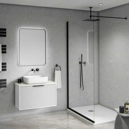 Misty Stone PVC Maxi Panel Wall Panel in a Modern bathroom with shower enclosure, sink, and mirror.