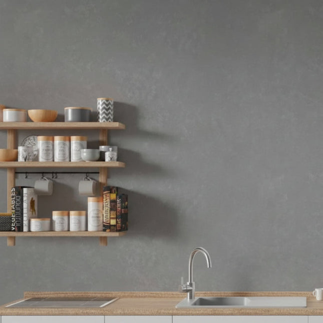 Pewter Stone Maxi Panel Wall Panel in a Modern kitchen with wooden shelves, countertop, and sink against a gray wall.