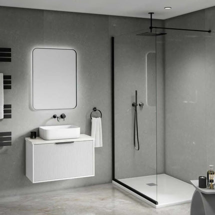 Pewter Stone Maxi Panel Wall Panel in a Modern bathroom with shower enclosure, sink, and mirror.
