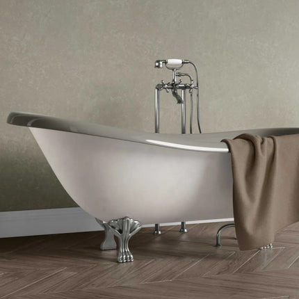 Truffle Stone Maxi Panel Wall Panel on a wall behind a Silver freestanding bathtub with a brown towel.