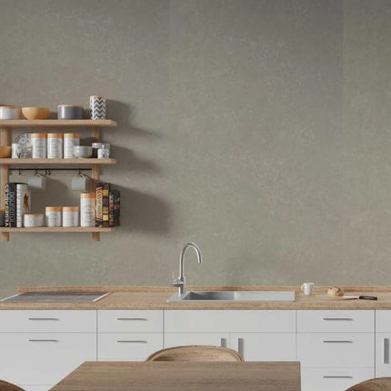 Truffle Stone Maxi Panel Wall Panel in a Modern kitchen with wooden shelves, white cabinets.
