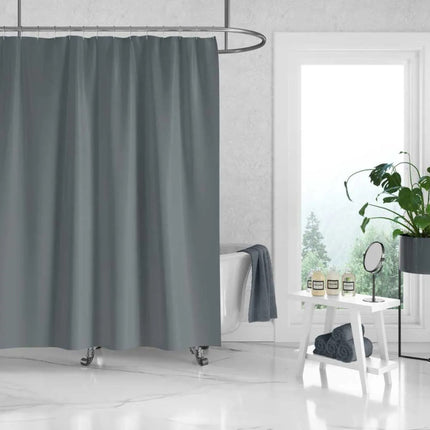 White Stone Maxi Panel walls with Gray shower curtain in a modern bathroom with a bathtub and decor.