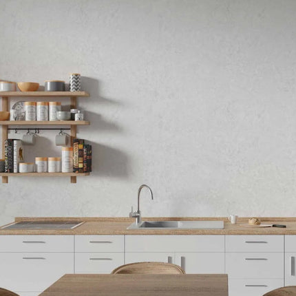 White Stone Maxi Panel walls in a Modern kitchen with wooden shelves and countertop