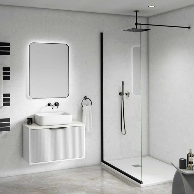 White Stone Maxi Panel on the walls of a Modern bathroom with shower enclosure, sink, and mirror.