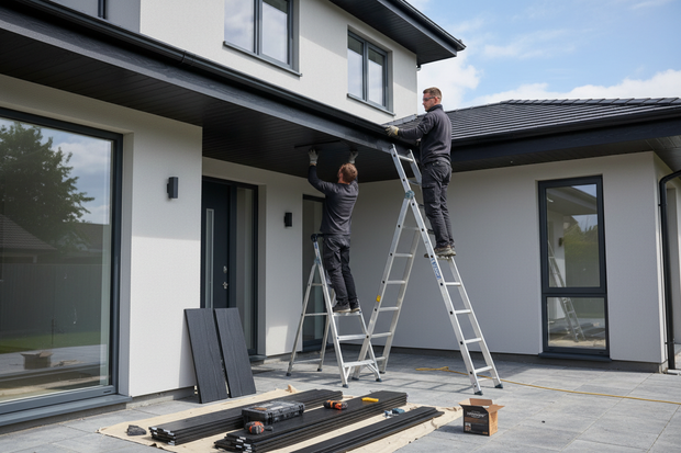 Black Ash Fascia and Soffit being installed on an house