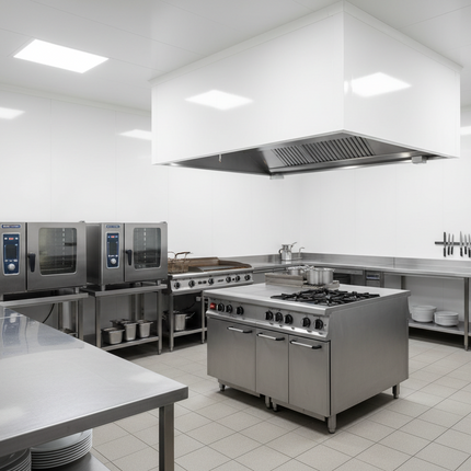 Commercial kitchen with stainless steel appliances and equipment.
