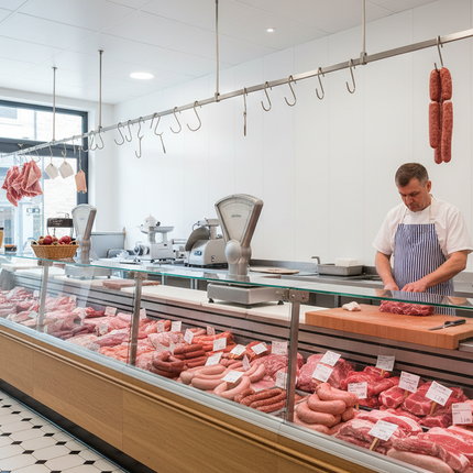 Butcher working in a modern butcher shop with hanging meats and display cases.