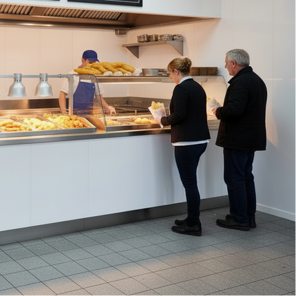 People at a self-service food counter with menu boards above.