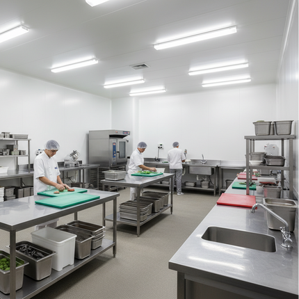 Commercial kitchen with PVC Hygienic Wall Cladding on the walls, stainless steel tables and equipment