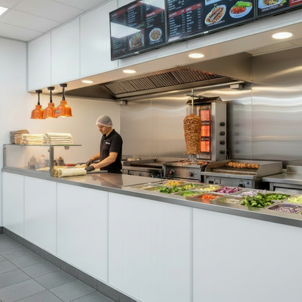 Kebab Shop with PVC Hygienic Wall Cladding on the walls, stainless steel appliances and a chef preparing food.