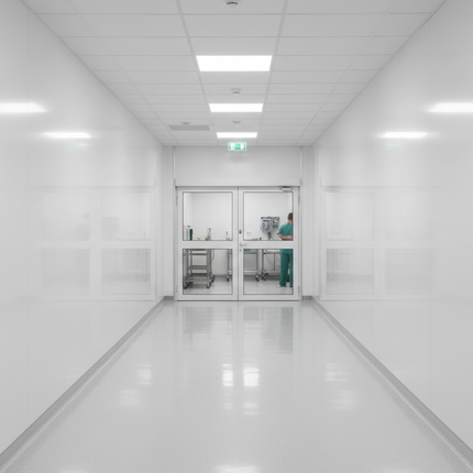 Long, narrow hallway with PVC Hygienic Wall Cladding on the walls and glass doors at the end